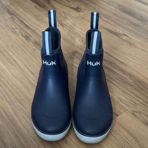 Men Huk Navy Slip-On Deck Boots with White Soles